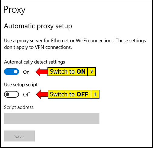 Cancel Proxy settings in Microsoft Edge browser